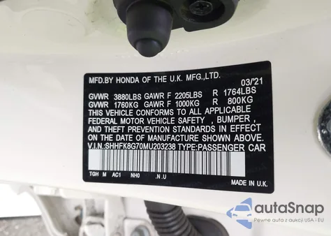 2021 Honda Civic Type R Touring from USA, damaged, VIN SHHFK8G70MU203238